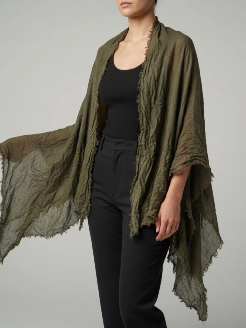 Made in Italy, 100% bamboo, Olive Green Lightweight Fringe Shawl